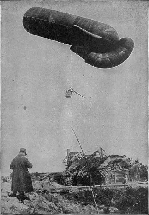 A Belgian Military Observation Balloon The car of this balloon is equipped with wireless, which is used to send word of the gun positions of the enemy, movements of troops, ranges for the gunners and much other valuable information. A cable holds the balloon captive.
