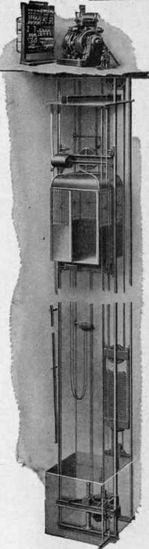 A Complete Installation of a 2: 1 Electric Traction Passenger Elevator, Showing Machine and Controller at Top of Hatchway