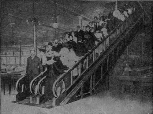 A Duplex Escalator of the Cleat Type in a Department Store This type of escalator makes use of hard wood cleats in place of steps.
