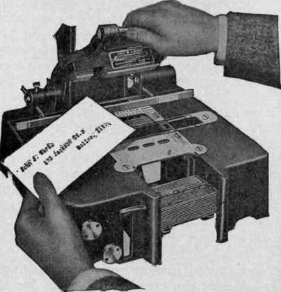 Hand Addressograph (Prints through a Ribbon) . Speed, 1,000 to 1,500 Typewritten Addresses an Hour