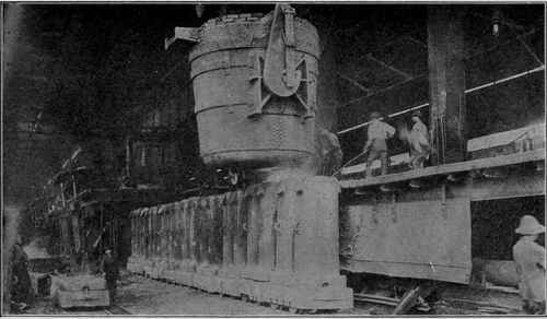 Reproduced by permission of the Philadelphia Museums. POURING STEEL INTO MOLDS