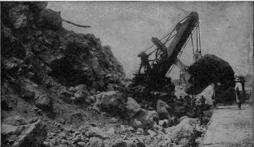 Steam Shovel at Work in Gaillard Cut, with Large Rock in Mouth of Shovel The great progress made in digging the Panama Canal was largely due to the steam shovels.