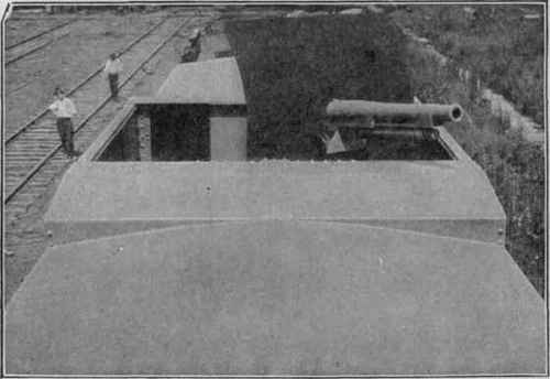 The Rapid Fire Gun Here Shown is a Model of a Three inch Field Gun Mounted upon a Special Carriage. The Well in which the Gun is Located may also be Used as a Fighting Top for Troops Armed with Rifles or Machine Guns.