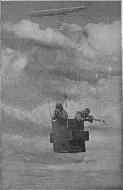 Zeppelin Device for Dropping Bombs An armored car is suspended by three cables from the Zeppelin airship to a distance of several thousand feet below the monster aircraft, which is concealed in the clouds above. (Sphere copr.)