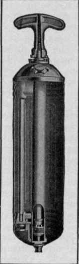 sufficient to throw a stream of the bicarbonate solution forty feet. The chief disadvantages of the soda and acid type of extinguisher are that its weight makes it cumbersome to operate and it cannot be safely used on electrical fires until the current has been turned off.