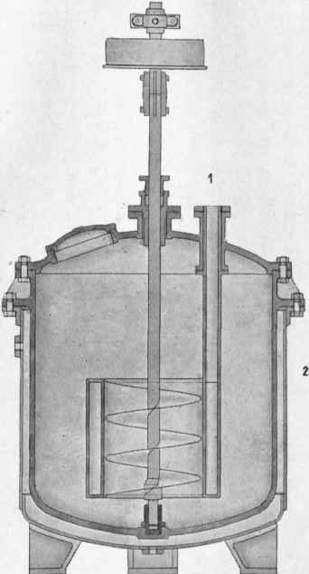 Fig. 10.   Nitrating pot with helical stirrer, provided with internal and external cooling, 1. Inlet tube for internal cooling water.