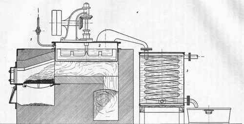 Fig. 19.   Large scale apparatus for distillation by means of superheated steam, e.g. for a naphthylamine, diphenylamine, etc.