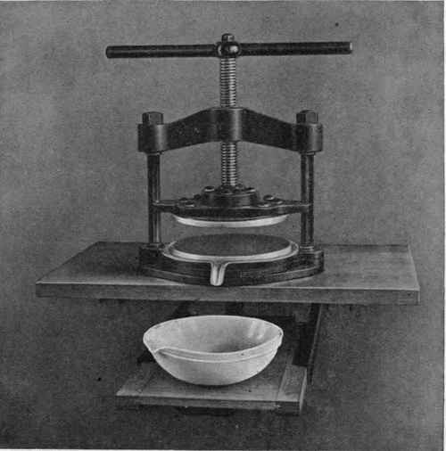 Fig. 45.   Screw press with wrought iron frame (made by Preiswerk and Esser, Basle). The base plate is covered with copper sheet and the products are pressed between hard wood boards.