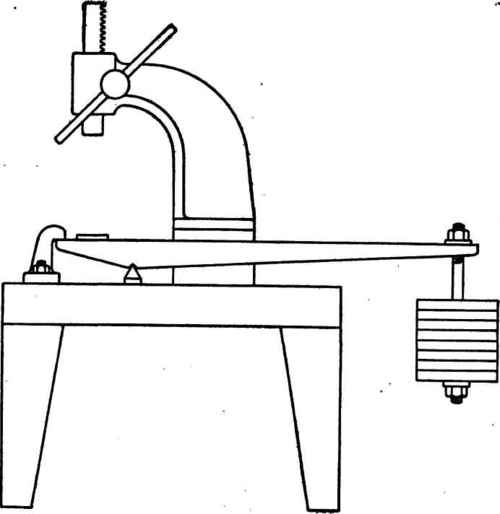 Arbor press showing lever and weights.